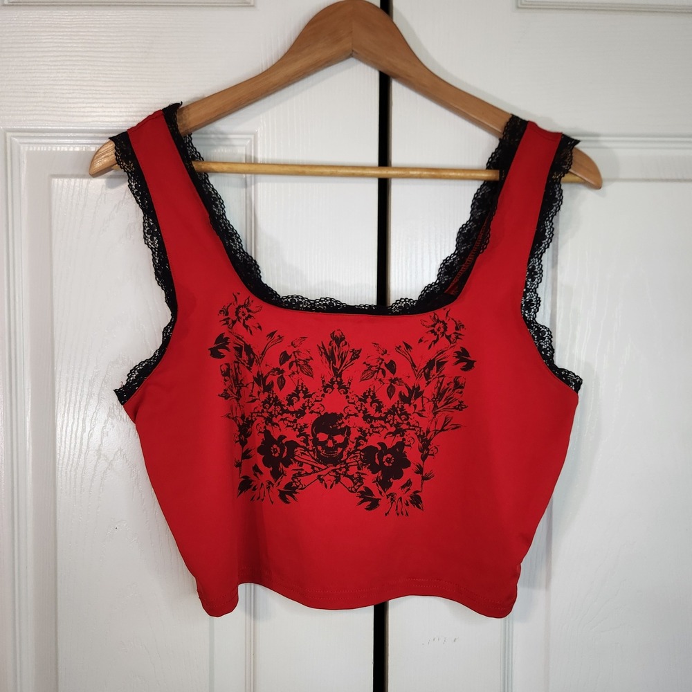 SHEIN Red Skull Floral Graphic Lace Trim Crop Top Sleeveless Medium Goth Punk